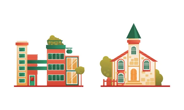 Conjunto de edificios urbanos o suburbanos, edificios públicos y fachadas de iglesias cristianas Vector plano Ilustración — Vector de stock