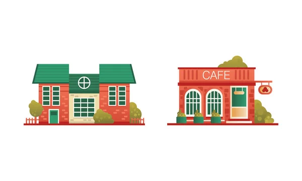 Set di edifici urbani o suburbani, Cottage tradizionale e Street Cafe Building Flat Vector Illustrazione — Vettoriale Stock