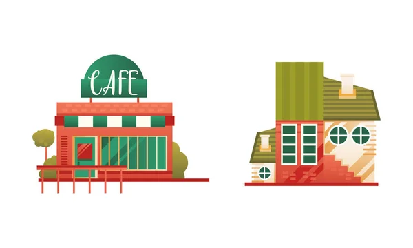 City nebo příměstské budovy Set, cihlová chalupa a Street Cafe Building ploché vektorové ilustrace — Stockový vektor
