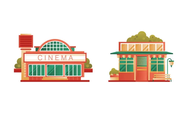 Edifici pubblici della città o della periferia Set, Cinema e negozio o Cafe Building Flat Vector Illustrazione — Vettoriale Stock