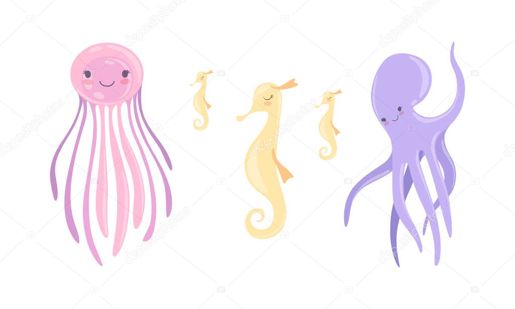 Cute Sea Creatures Set, Jellyfish, Octopus, Seahorse Cartoon Vector Illustration