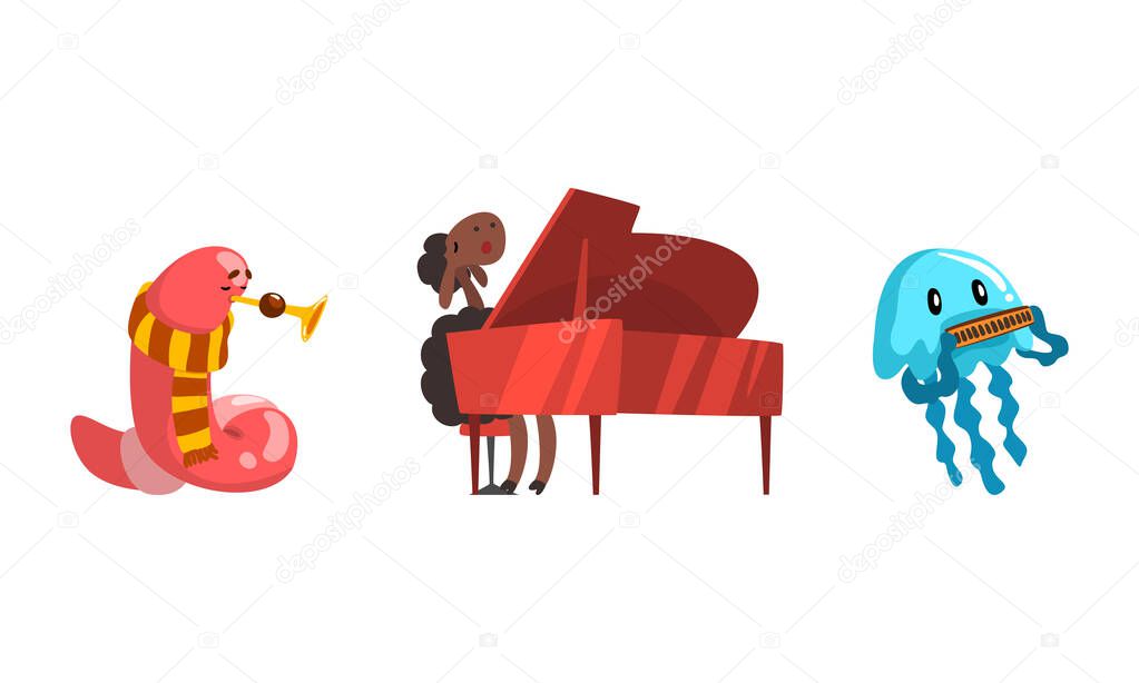 Musician Animals Characters with Musical Instruments Set, Snake, Sheep, Jellyfish Playing Trumpet, Piano, Harmonica Cartoon Vector Illustration