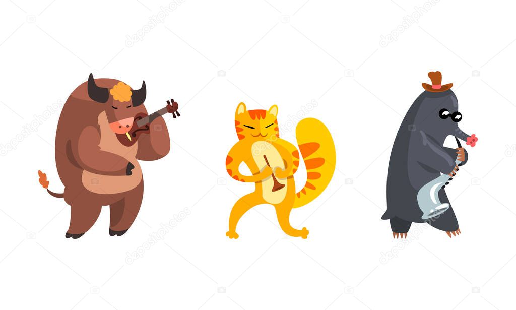 Musician Animals Characters with Musical Instruments Set, Bull, Mole, Cat Playing Violin, Saxophone, Trumpet Cartoon Vector Illustration