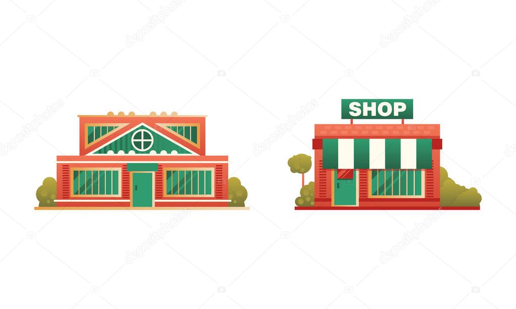 City or Suburban Buildings Set, Traditional Cottage and Shop Building Flat Vector Illustration
