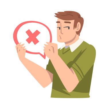 Elinde çapraz işareti olan genç adam konuşma baloncuğu, insanlar iletişim kuruyor, mesajlaşıyor, sohbet ediyor, çizgi film temsilciliği yapıyor.