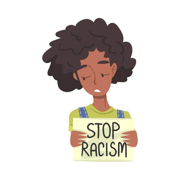 Young African American Woman Holding Sign Board to Demand Equality, Woman Fighting Against Social Problems Cartoon Vector Illustration — Stock Vector