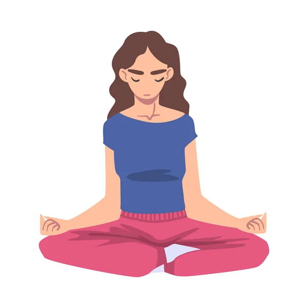 Girl Sitting on Floor in Lotus Position and Meditating Cartoon Vector Illustration — Wektor stockowy