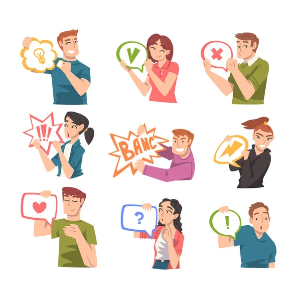 People Holding Speech Chat Bubbles in their Hands Set, People Communicating, Messaging, Chatting Cartoon Vector Illustration - Stok Vektor