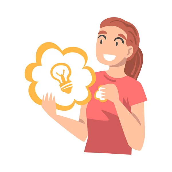 Girl Holding Speech Chat Bubble with Light Bulb Sign in her Hands, People Communicating, Messaging, Chatting Cartoon Vector Illustration — Stock Vector