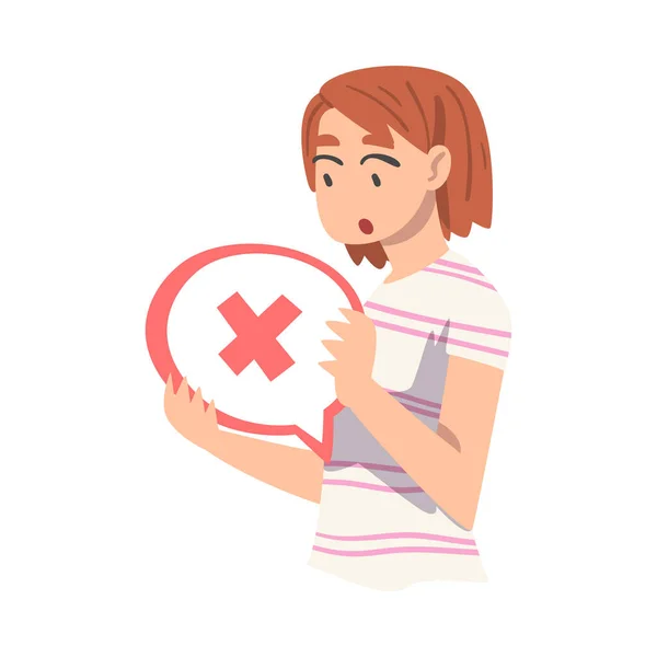 Girl Holding Speech Chat Bubble met Rode Kruis Inloggen haar handen, Mensen communiceren, Berichten, chatten Cartoon Vector Illustratie — Stockvector