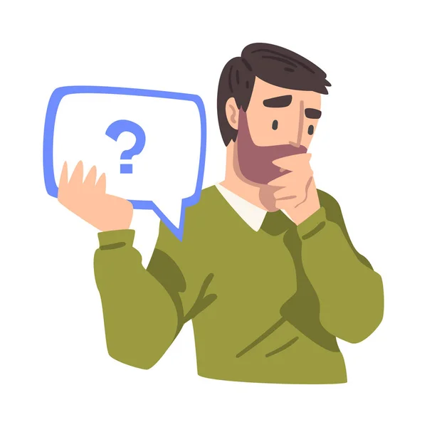 Thoughtful Young Man Holding Speech Chat Bubble with Question Mark in his Hands, People Communicating, Messaging, Chatting Cartoon Vector Illustration — Stock Vector