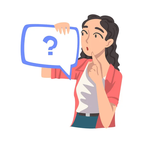 Thoughtful Girl Holding Speech Chat Bubble with Question Mark in her Hands, People Communicating, Messaging, Chatting Cartoon Vector Illustration — Wektor stockowy