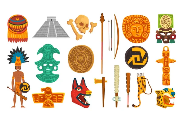 Conjunto de objetos culturales de civilización azteca y maya, Símbolos tradicionales de la cultura mexicana Ilustración vectorial de dibujos animados — Vector de stock