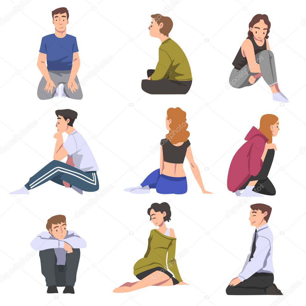 Set of People Sitting on Floor in Different Poses, Young Men and Women Relaxing and Dreaming Cartoon Vector Illustration