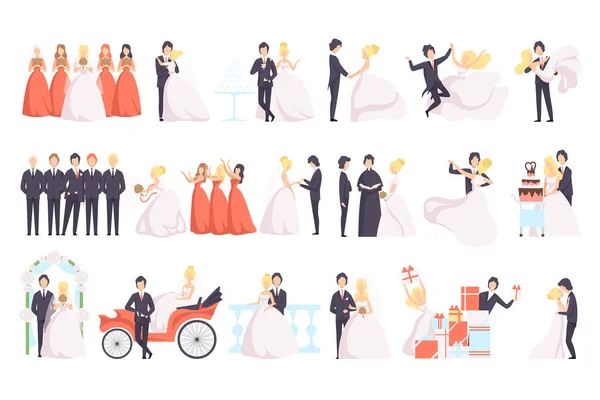 Big Set of Just Married Couples and their Guests, Happy Wedding Couples, Bridesmaids and Friends of Groom Cartoon Vector Illustration — Vetor de Stock