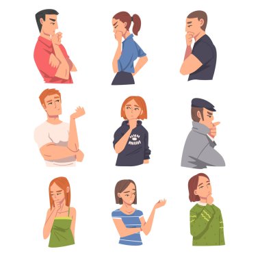 İnsanlar Düşünen ya da Çözen Sorunlar Seti, Düşünceli Yüz İfadesi Karikatürü Vektör Çizimi