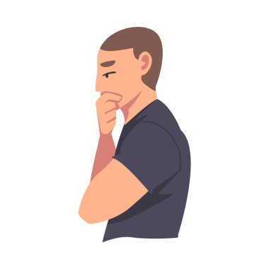 Düşünen ya da Çözen Adam 'ın Yan Görüşü, Düşünceli Erkek Kişinin Portresi Ağzını Yumruk Çizgi Filmi Vektör İllüstrasyonuyla Kaplayan