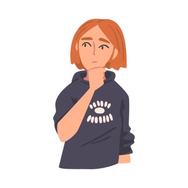 Genç Kız Düşünme ya da Çözme Sorunu, Düşünceli Yüz İfadesi Karikatürü Vektör Çizimi