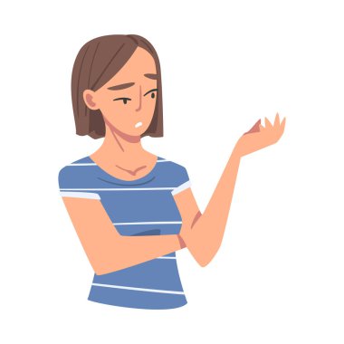 Düşünen ve Hareketli Kız, Düşünceli Kişinin Portresi Yüzü Meraklı İfade Çizgi Filmi Vektör İllüzyonu