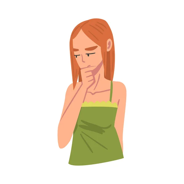 Teenage Redhead Girl Thinking or Solving Problem, Porträt einer nachdenklichen Person mit neugierigen Gesichtsausdruck Cartoon Vector Illustration — Stockvektor