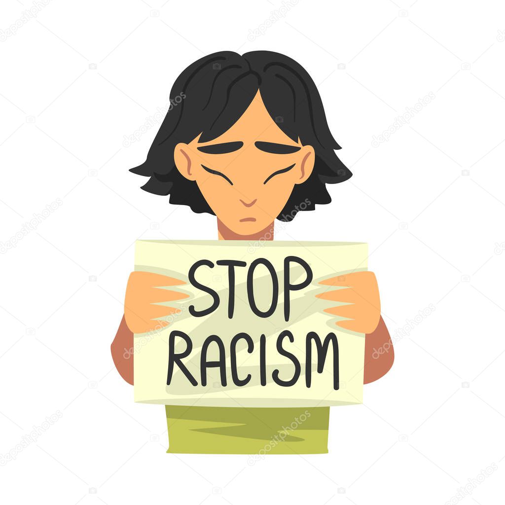 Young Asian Woman Holding Sign Board to Demand Equality, Woman Fighting Against Social Problems Cartoon Vector Illustration