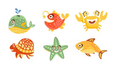 Şirin Deniz Hayvanı ve Komik Sualtı Yaratıkları Vektör Kümesi