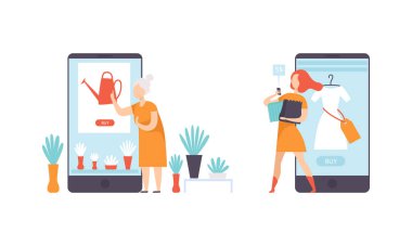 Çevrimiçi Alışveriş Seti, Çevrimiçi Dükkanlarda Giysi ve Bahçe Aletleri Alan Kadınlar Akıllı Telefonları Düz Vektör Resimleri Kullanıyor