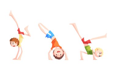 Yakışıklı Çocuklar Dövüş Sanatları Hazırlıyor, Çocuk Ters Duruyor Çizgi Film Vektör İllüzyonu