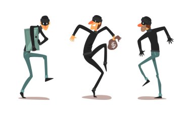 Hırsız Karakterleri Seti, Erkek Hırsızlar Maskeli Siyah Giysiler Cinayet Masası Çizgi Filmlerinde Vektör Resimleri