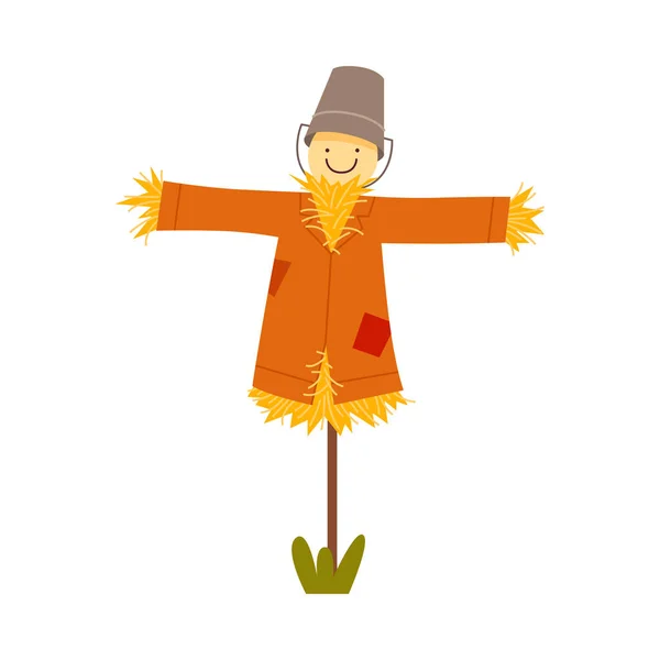 Straw Scarecrow Wearing Patched Coat and Bucket Vector Illustration — Stock Vector