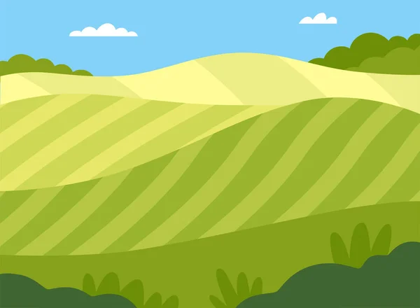 Vista del país con campo propio y pastizales como paisaje verde Vector Ilustración — Vector de stock