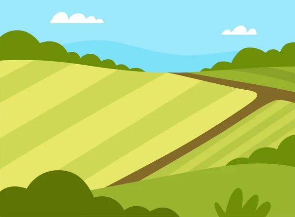 Landelijk uitzicht met eigen veld en weiland als groen landschap Vector Illustratie — Stockvector