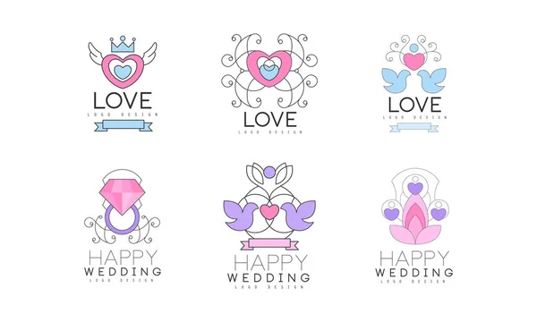 Design de logotipo de casamento e amor com pomba, anel de noivado e conjunto de vetores cardíacos — Vetor de Stock