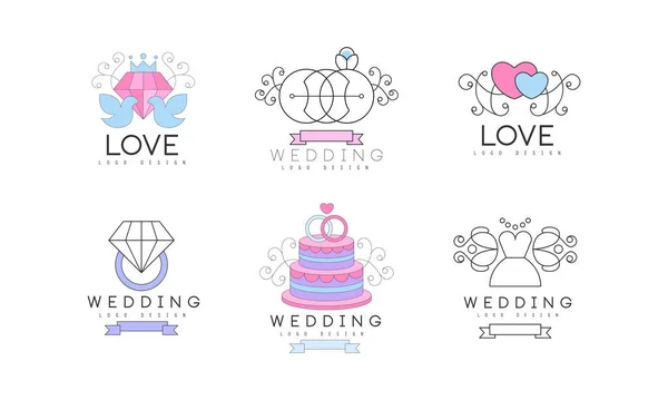 Bröllop och kärlek logotyp Design med duva, förlovningsring och hjärta vektor set — Stock vektor
