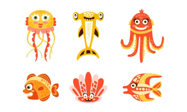 Cute Marine Animal and Comic Underwater Creatures Vector Set — Stock Vector