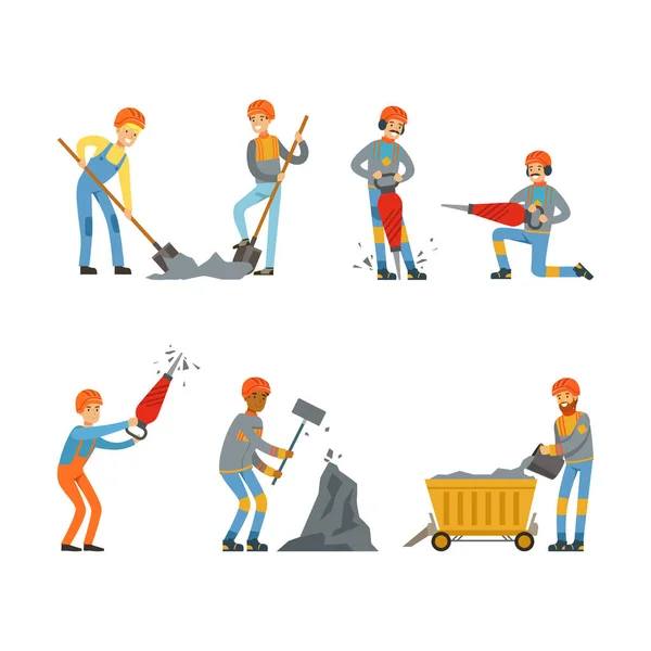 Mineur ou Pitman en chapeau dur et uniforme transportant du charbon et travaillant avec un marteau à Rock Face Vector Set — Image vectorielle