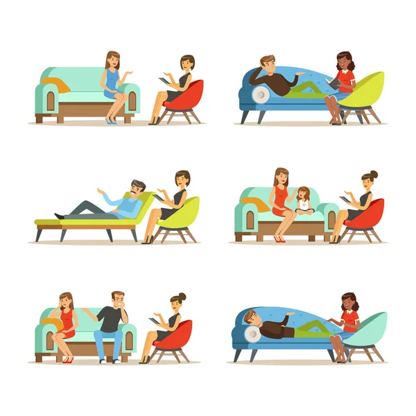 People Characters Talking to Psycholog engaged in Counseling Psychology Vector Illustration Set — Stockový vektor