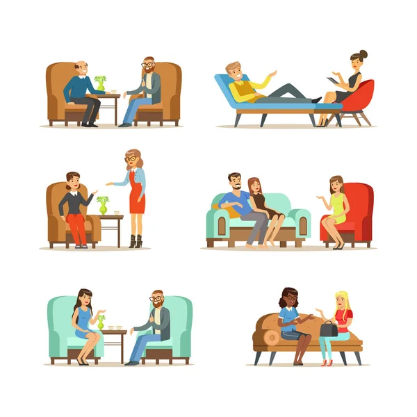 Personajes de personas que hablan con psicólogos comprometidos con la psicología Conjunto de ilustración vectorial — Vector de stock