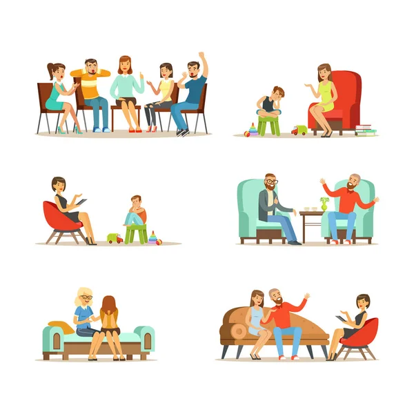 Άνθρωποι Χαρακτήρες Μιλώντας με Ψυχολόγο ασχολούνται με Συμβουλευτική Ψυχολογία Vector Illustration Set — Διανυσματικό Αρχείο