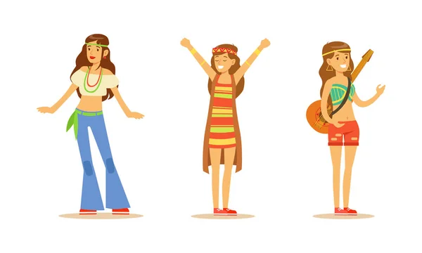 Beautiful Hippie Girls Set, Happy Young Women Characters Wearing Retro Clothes Cartoon Vector Illustration — Stock Vector