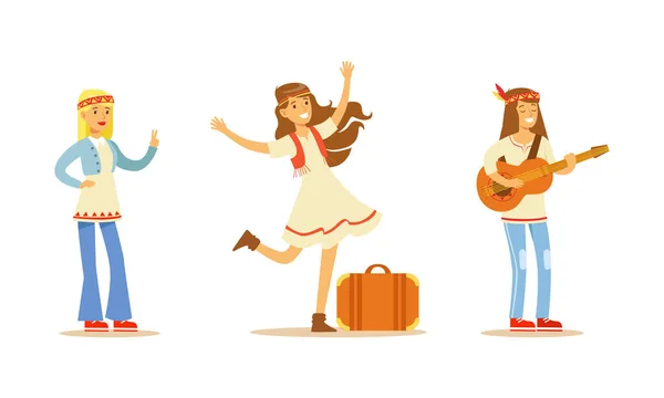 Mooie hippie meisjes set, gelukkig vrouwen dragen Retro kleding cartoon vector illustratie — Stockvector