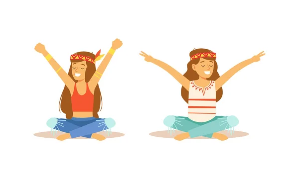 Piękny zestaw Hippie Girls, Happy Young Postacie kobiet siedzi w pozycji lotosu Ilustracja wektor kreskówek — Wektor stockowy