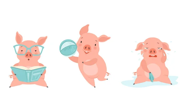 Conjunto de personajes de cerdo lindo, Divertida actividad animal de granja Dibujos animados Vector Ilustración — Vector de stock