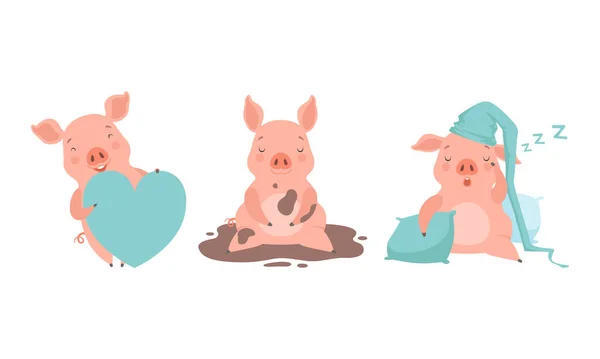 Conjunto de personajes de cerdo lindo, Dibujos animados divertidos de la actividad de los animales de granja, Hermoso juego de lechones e ilustración vectorial dormida — Vector de stock