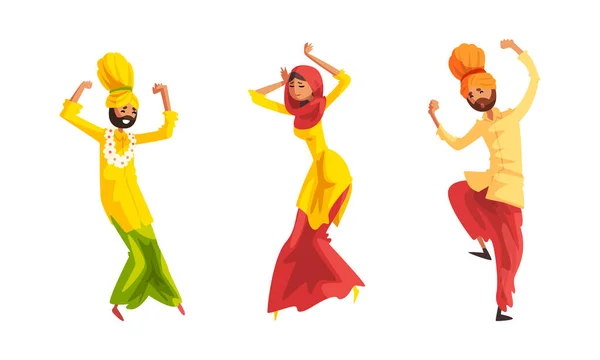 Mannelijke en vrouwelijke dansers in traditionele Indiase kleding uitvoeren Folk Dance Set Cartoon Vector Illustratie — Stockvector