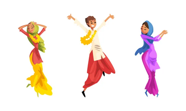 Happy Indian People in Traditional National Clothes Illustration vectorielle de danse — Image vectorielle