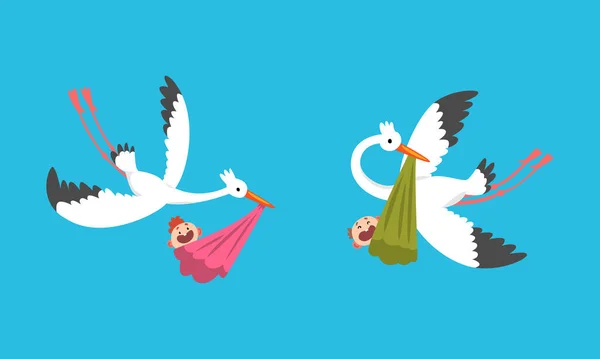 Uppsättning Storkar Flyger Med Nyfödda Spädbarn, Stork Fågelstork Levererar Baby Vector Illustration — Stock vektor