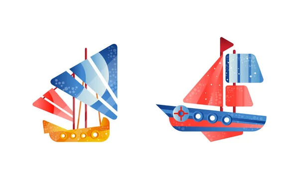 Sailing Yachts Set, Ships with White and Red Sails, Ocean or Marine Transport Flat Vector Illustration — Stock Vector