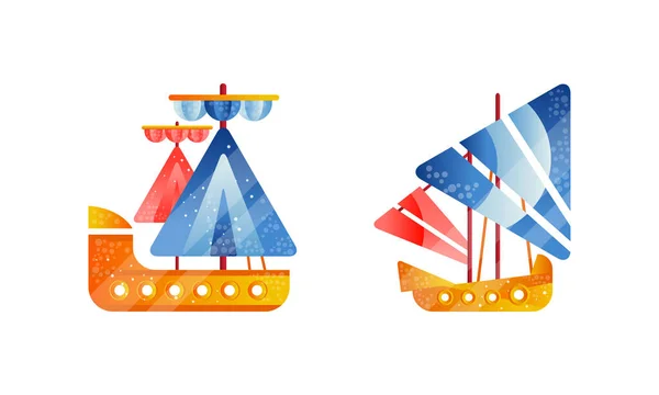 Sailing Yachts Set, Ocean or Marine Transport Flat Vector Illustration — Stock Vector