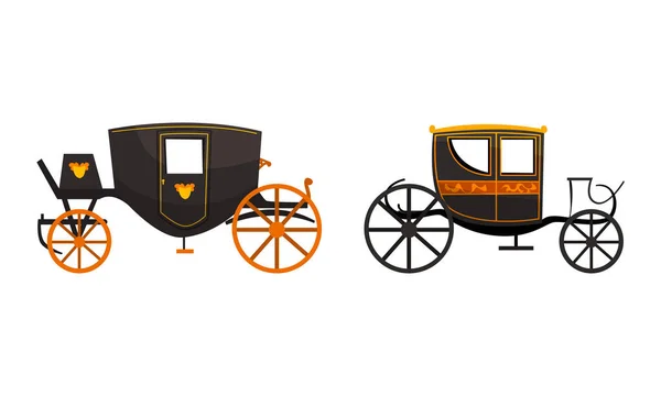 Fairy Vintage Brougham Set, Old Carriage for People Transportation Flat Vector Illustration — Stock Vector